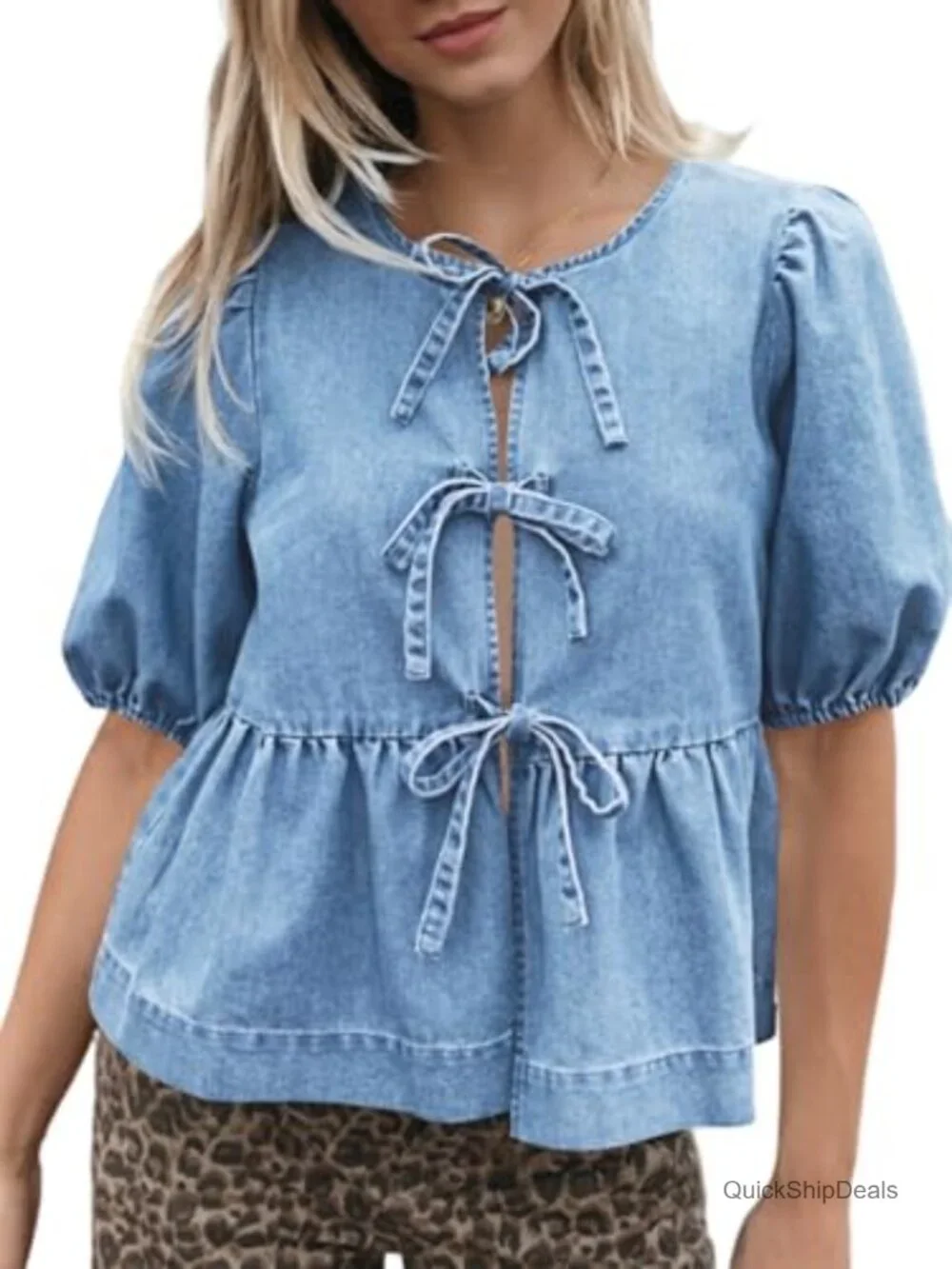 Womens Denim Tie Front Babydoll Peplum Puff Sleeve Jean Shirt Blouse